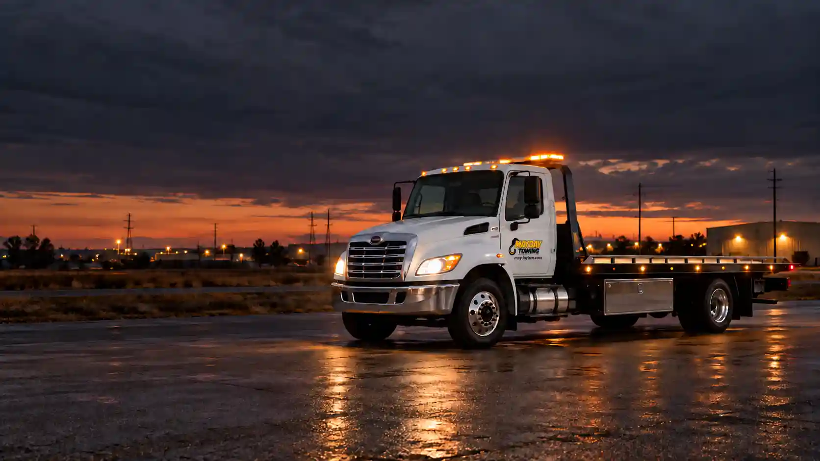 Illustrative image of an unbranded rollback tow truck at dusk